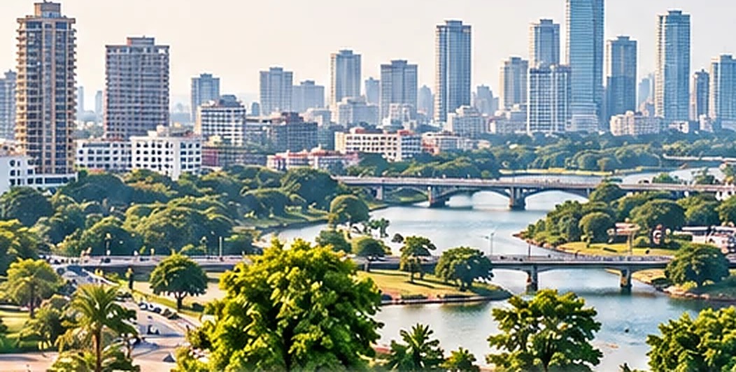 A community: a city skyline beside a river and green parkland.