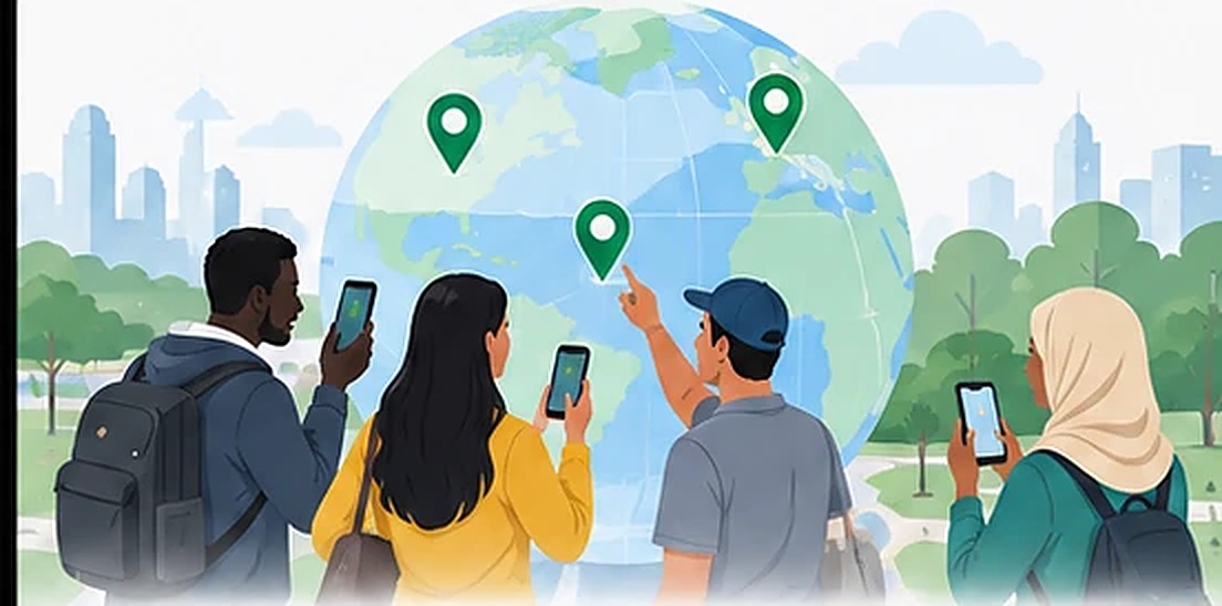 People in a community using CiviciReport on their phones, with location pins on a globe.